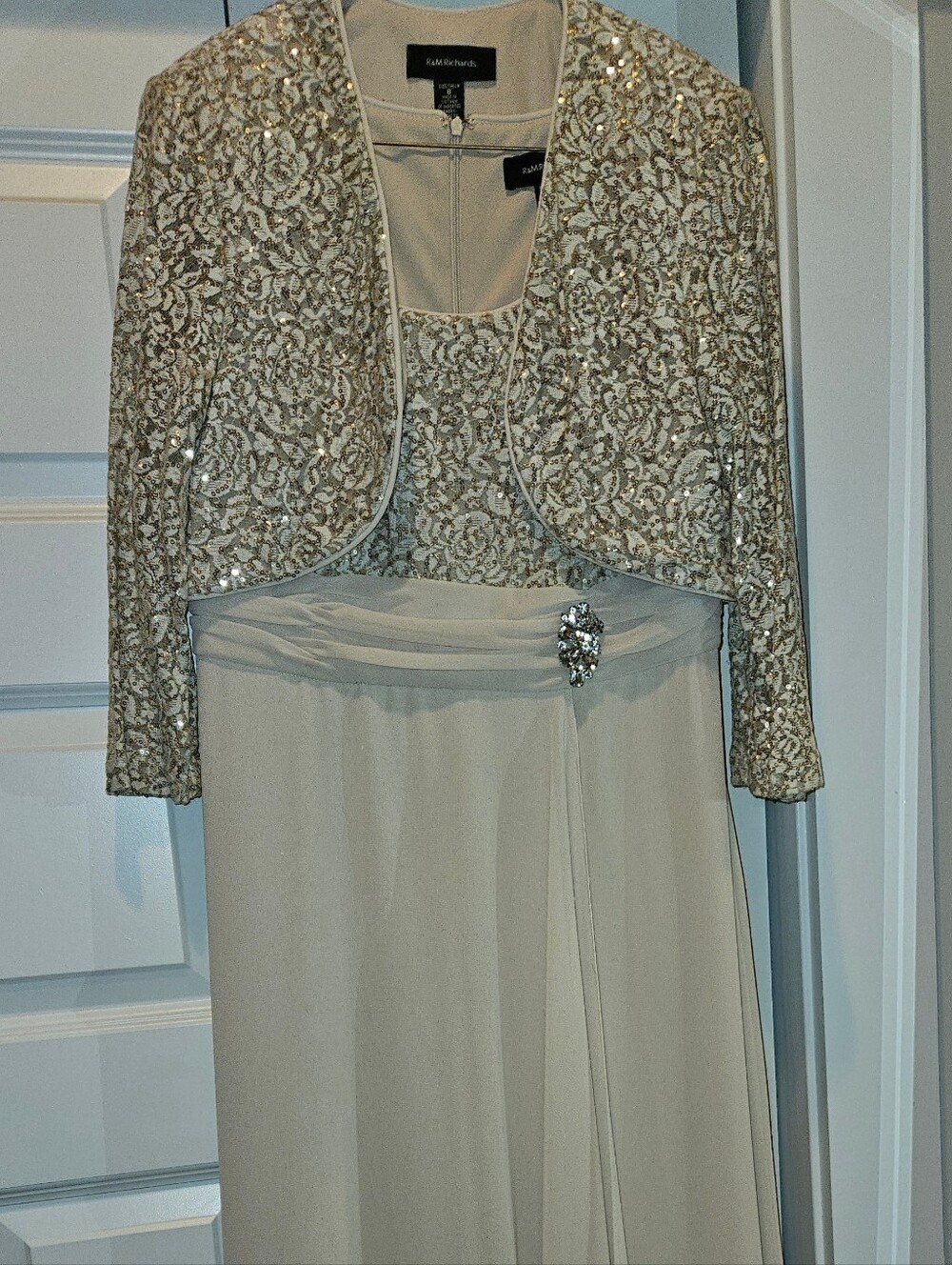 R&M Richards Champagne Sequin Formal Dress Jacket 2-Piece Mother of Bride